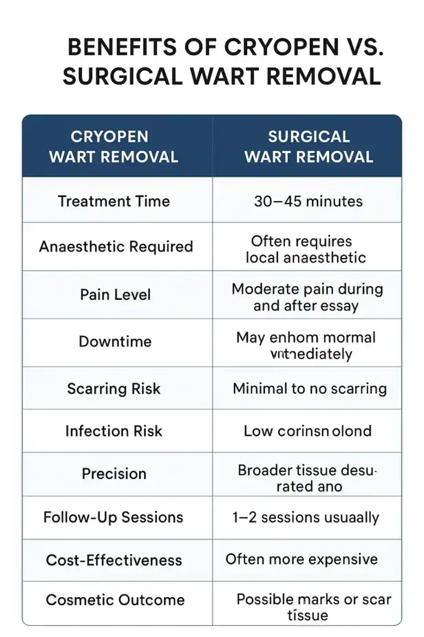 Table showing the benefits of cryopen to remove warts Bradford-on-Avon compared to surgical treatment